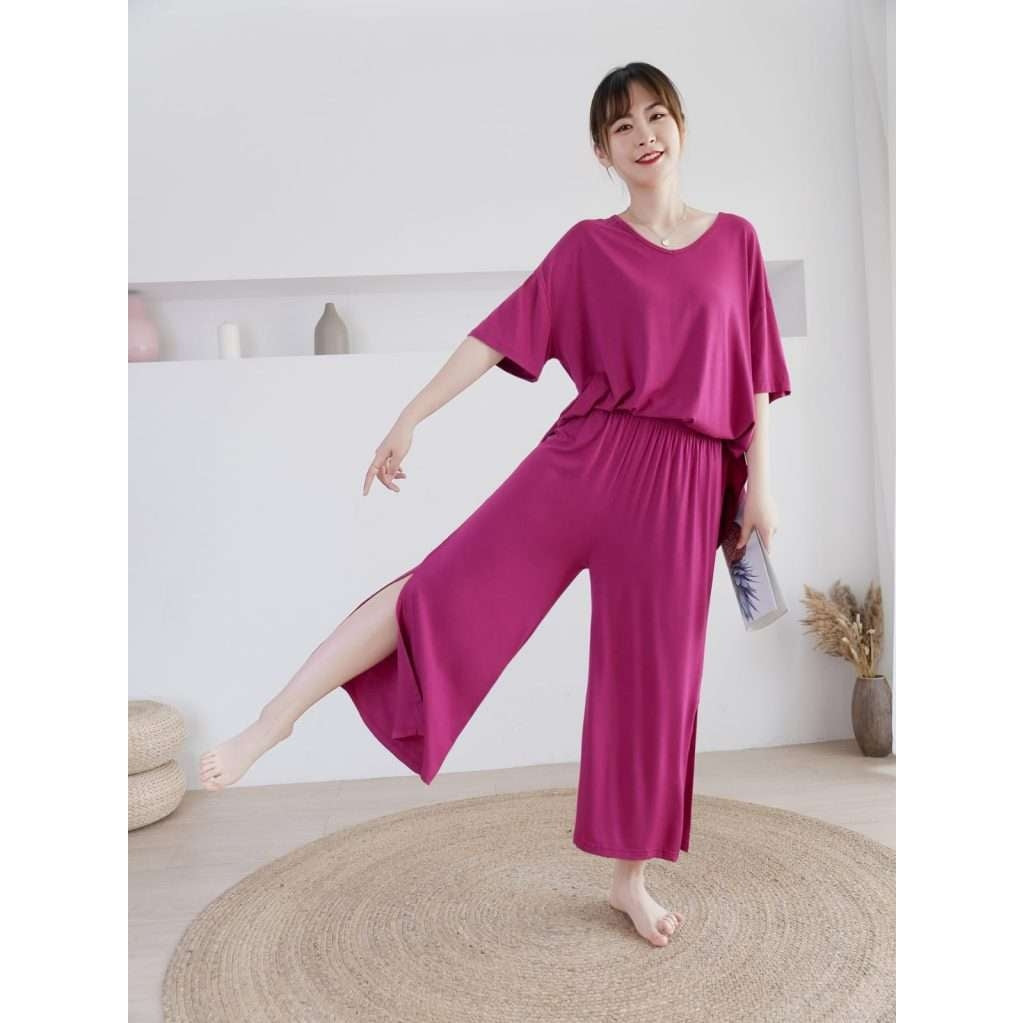 Plain Shocking Pink V Neck Quarter Sleeves with Cut Style Pajama Night Suit for Her (RX-83) - Super Bazar Shopping 