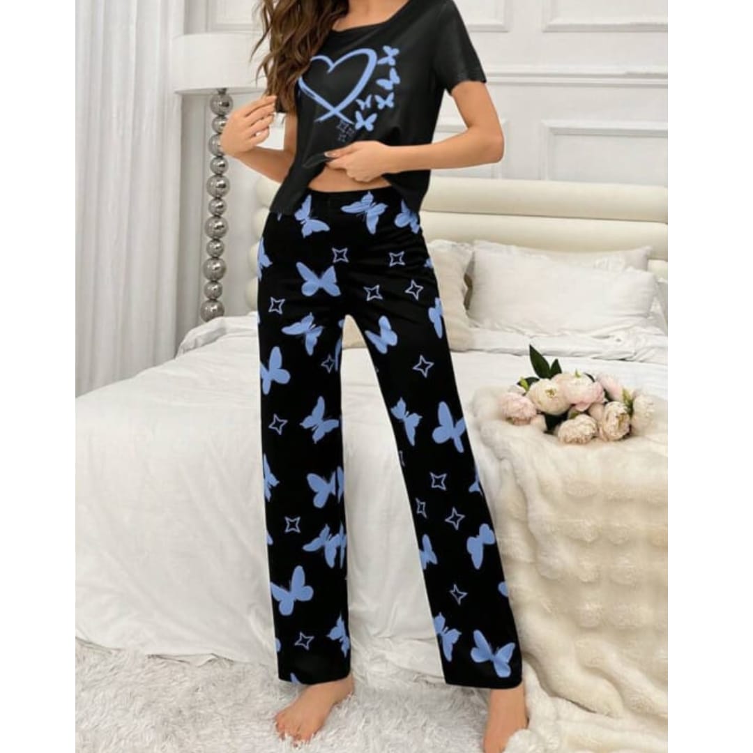 Black With Blue Butterflies Heart Printed T-shirt And Butterflies Printed Trouser Suit (RX-182) - Super Bazar Shopping 