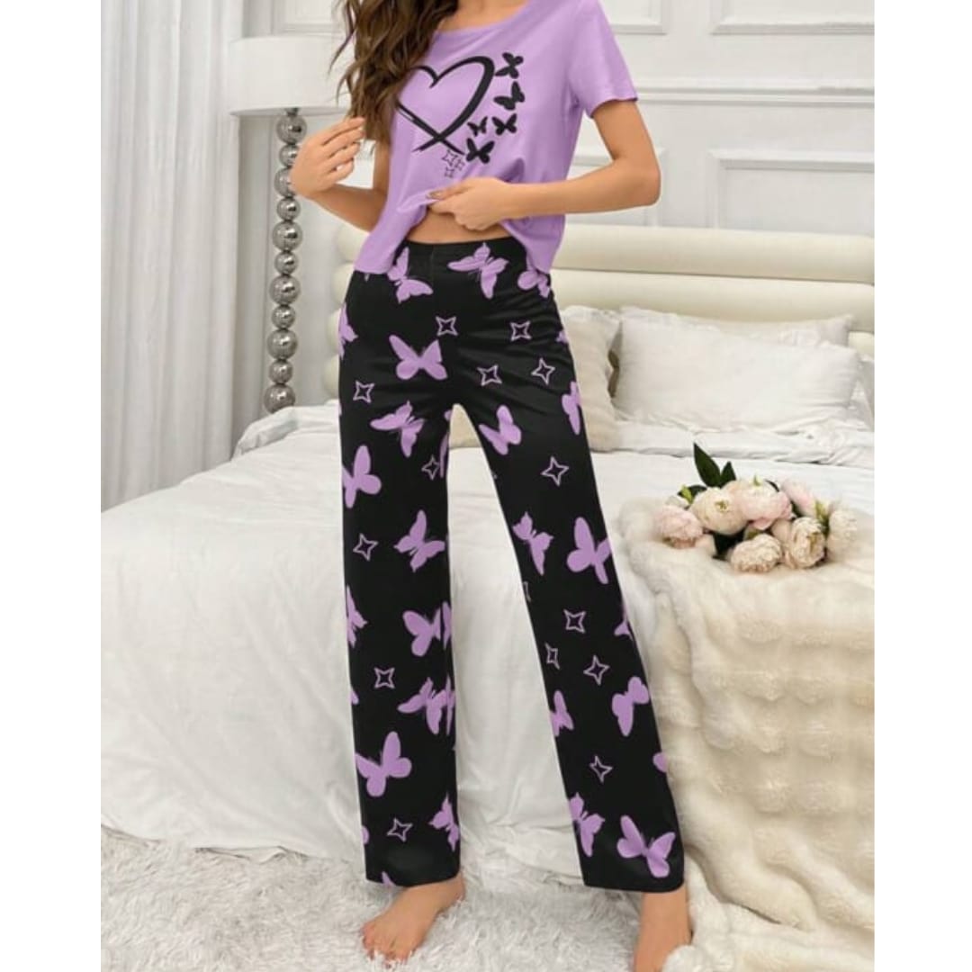 Purple With Black Butterflies Heart Printed T-shirt And Butterflies Printed Trouser Suit (RX-184) - Super Bazar Shopping 