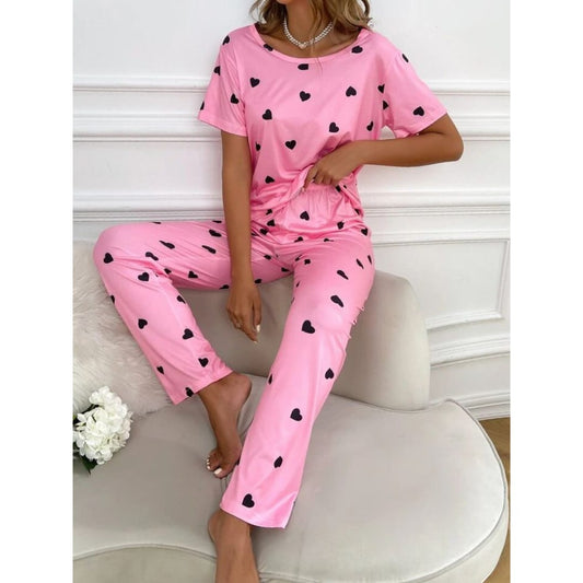 New Pink With Black Hearts Print Half Sleeves T-shirt With Hearts Printed Trouser Suit (RX-187) - Super Bazar Shopping 