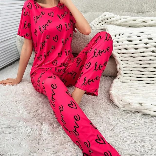 Shocking Pink Love Printed T-shirt And Trouser Suit (RX-148) - Super Bazar Shopping 