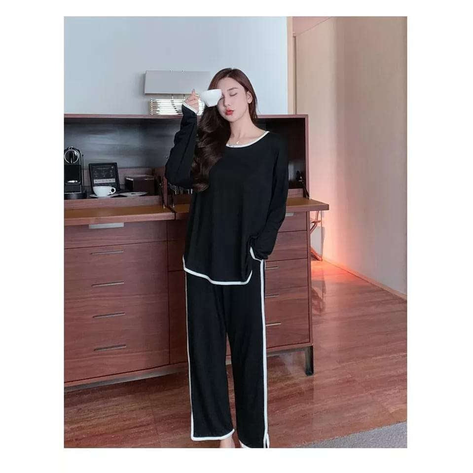 Black with White Round Neck Pipen T Shirt with Pipen Pajama Full Sleeves Suit for Her (RX-72) - Super Bazar Shopping 