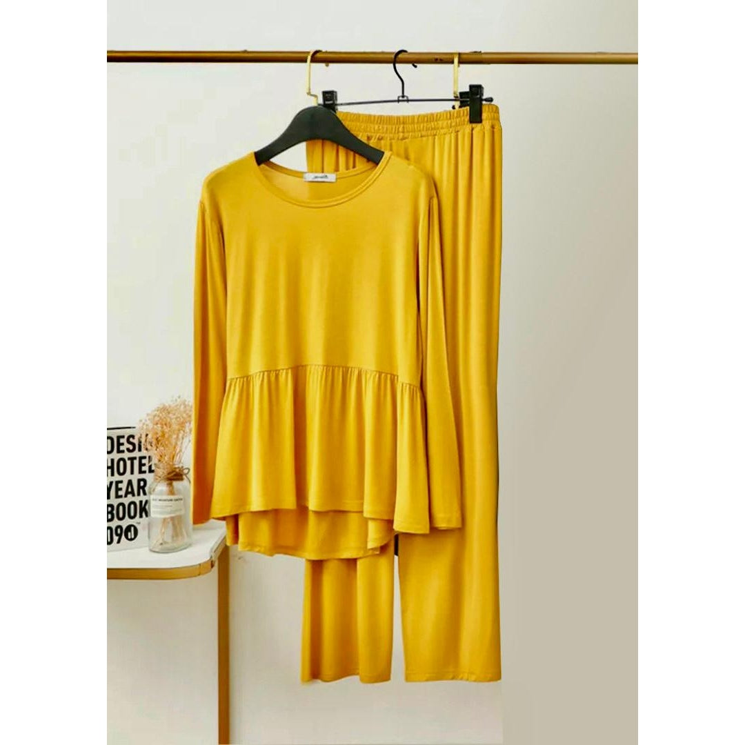 Plain Yellow Frill Style with Palazzo Style Pajama Full Sleeves Suit for Her (RX-51) - Super Bazar Shopping 