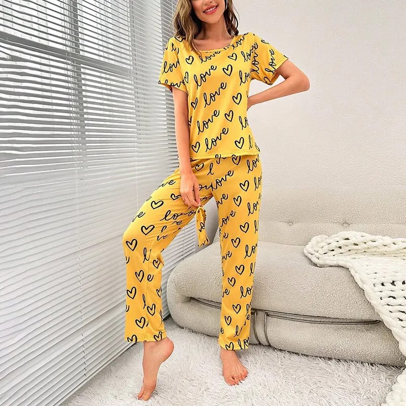 Yellow Love Printed T-shirt And Trouser Suit (RX-149) - Super Bazar Shopping 