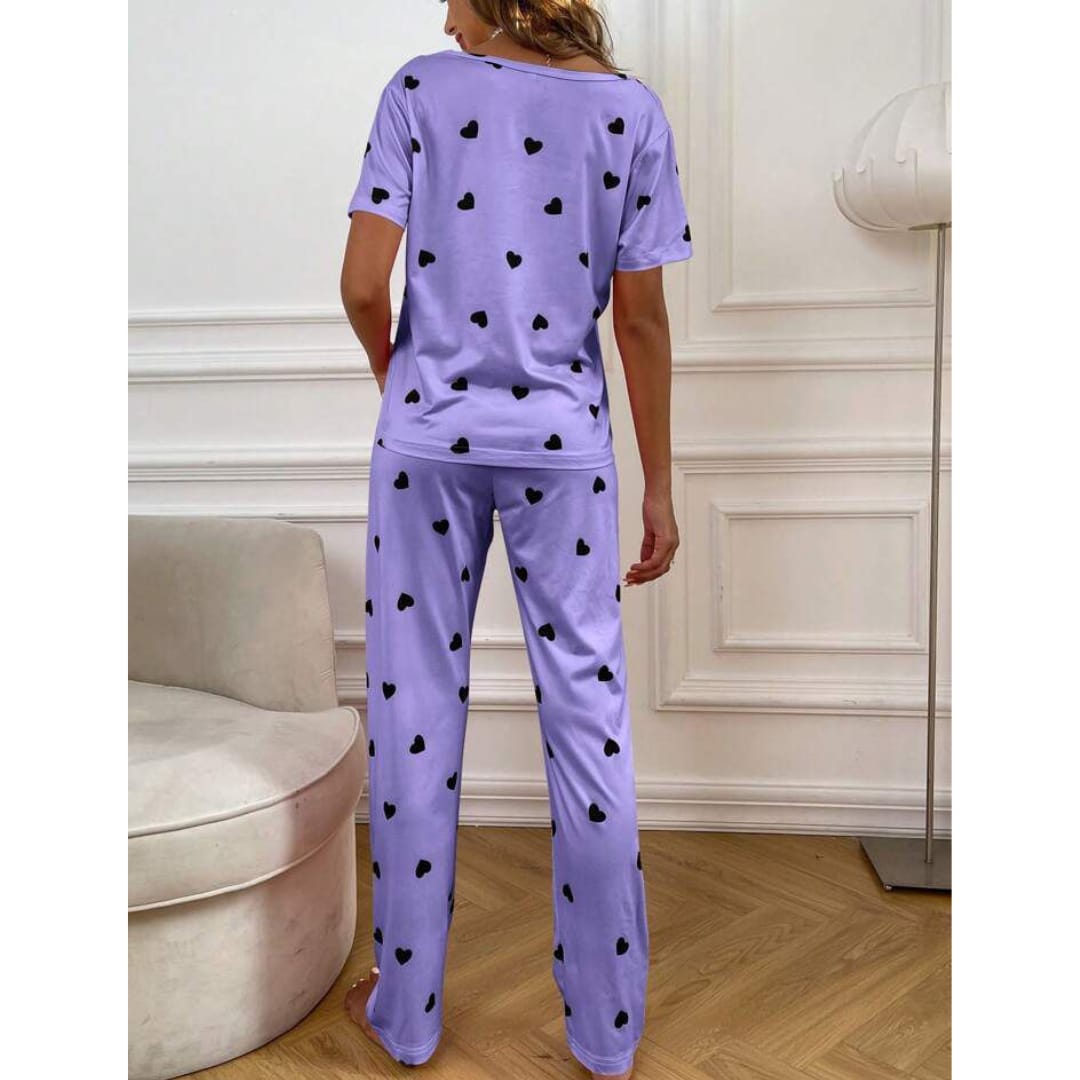 Purple With Black Hearts Print Half Sleeves T-shirt With Hearts Printed Trouser Suit (RX-186) - Super Bazar Shopping 