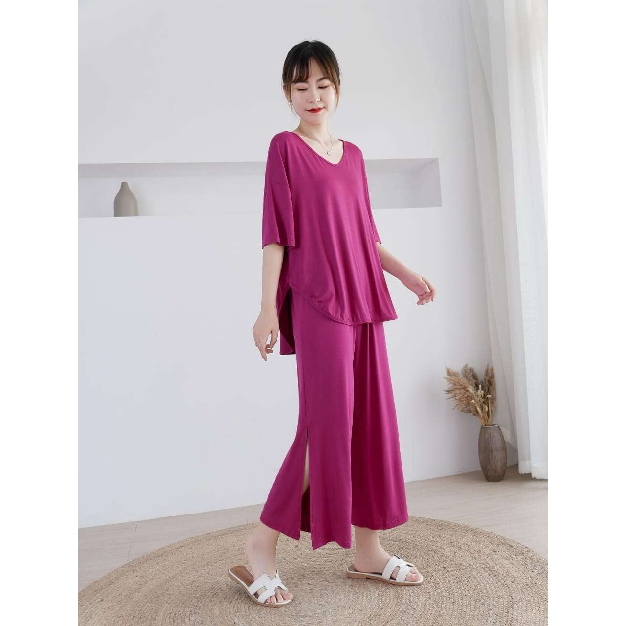 Plain Shocking Pink V Neck Quarter Sleeves with Cut Style Pajama Night Suit for Her (RX-83) - Super Bazar Shopping 