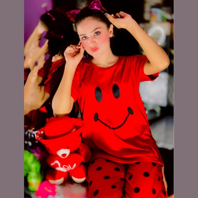 Red Smile with Dotted Style Pajama Half Sleeves Night Suit for her (RX-23) - Super Bazar Shopping 