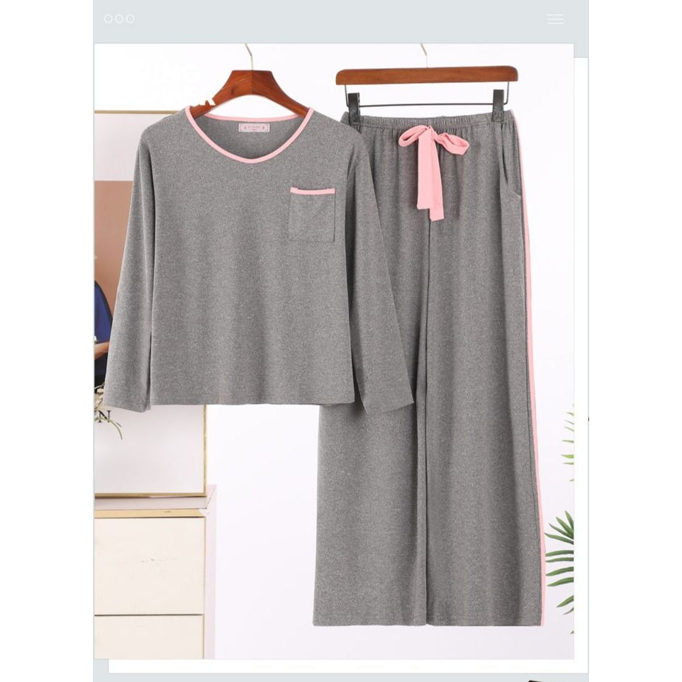 Plain Grey With Pink Pocket T-shirt With Plazzo Pajama Suit (RX-106) - Super Bazar Shopping 