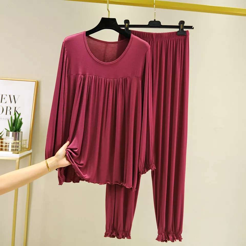 Maroon Round Neck Frill Style T Shirt with Palazzo Style Pajama Full Sleeves Suit for Her (RX-70) - Super Bazar Shopping 