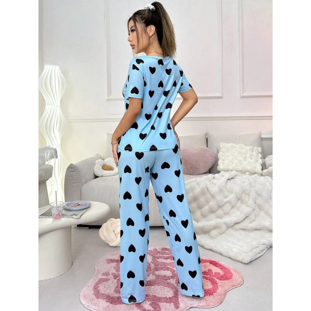 Blue With Black Hearts Print Half Sleeves T-shirt With Hearts Printed Trouser Suit (RX-188) - Super Bazar Shopping 