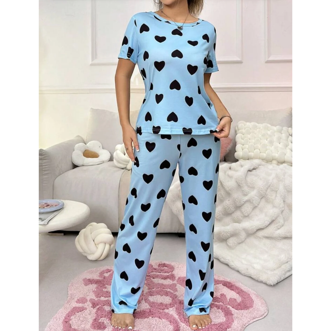 Blue With Black Hearts Print Half Sleeves T-shirt With Hearts Printed Trouser Suit (RX-188) - Super Bazar Shopping 