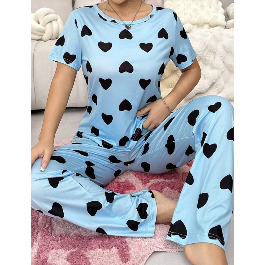 Blue With Black Hearts Print Half Sleeves T-shirt With Hearts Printed Trouser Suit (RX-188) - Super Bazar Shopping 