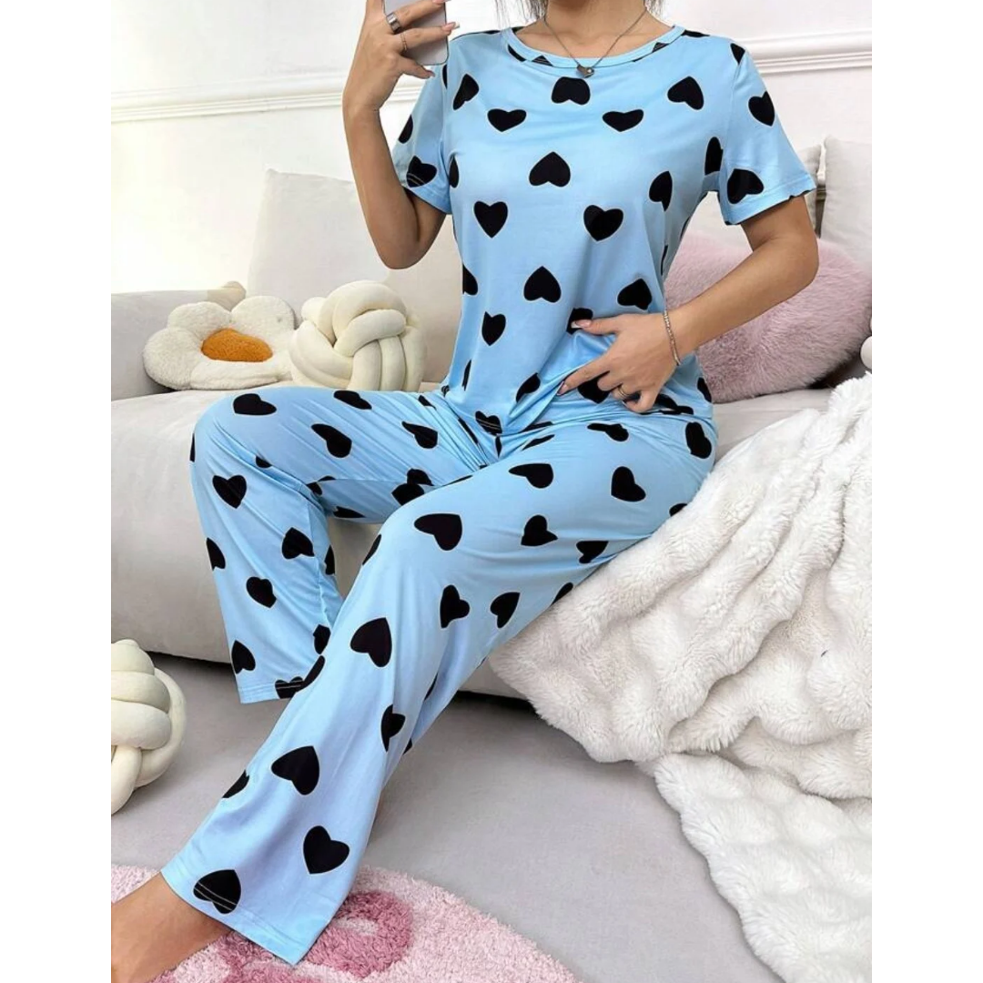 Blue With Black Hearts Print Half Sleeves T-shirt With Hearts Printed Trouser Suit (RX-188) - Super Bazar Shopping 